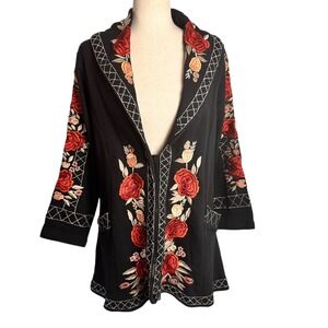 Vintage Collection Floral Embroidered Jacket Coat Black Cotton XS Boho artsy